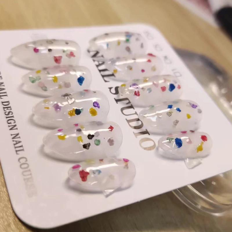 Handmade Short Almond Shape Jelly Transparent Color With Color Patches Fake Nail Set With Glue & Box Simple Artificial Nails Press On Nails Reusable