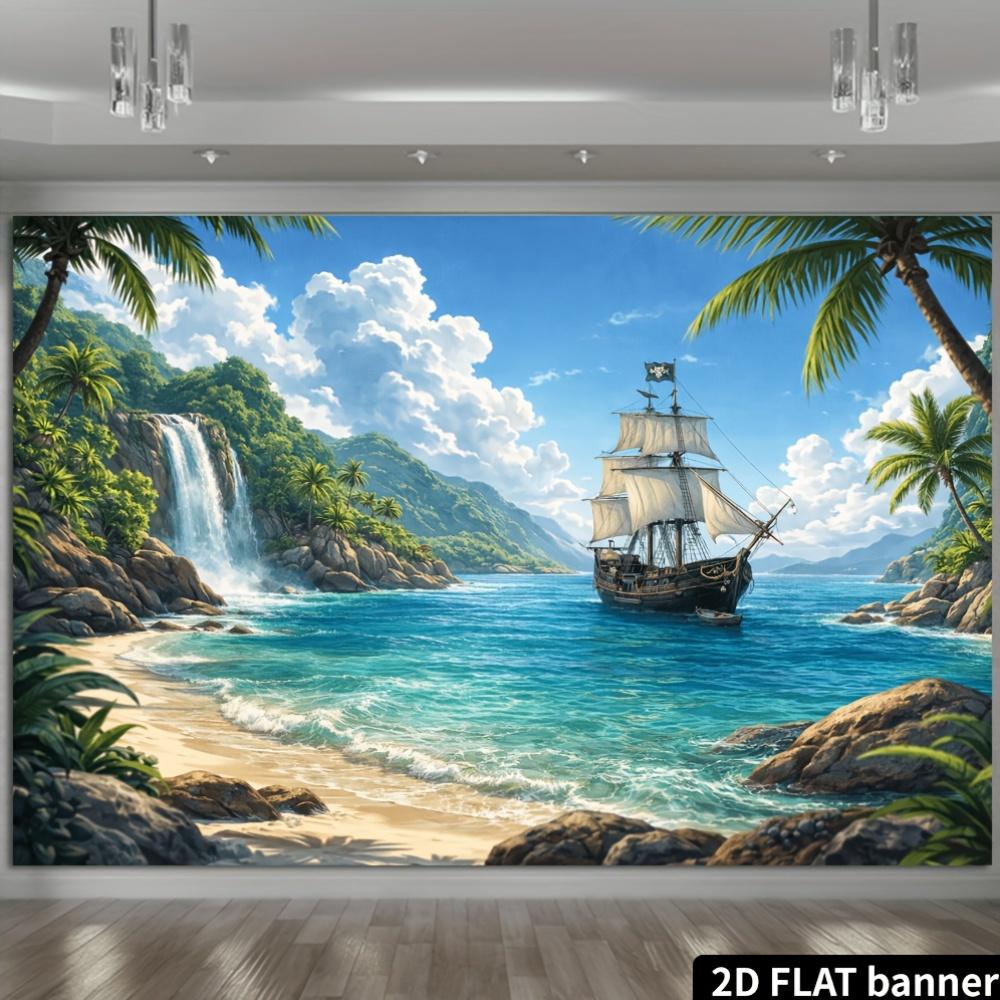 2D Plane Tropical Beach Pirate Ship Waterfall Background Fabric  Indoor and Outdoor Home Decoration Party Use