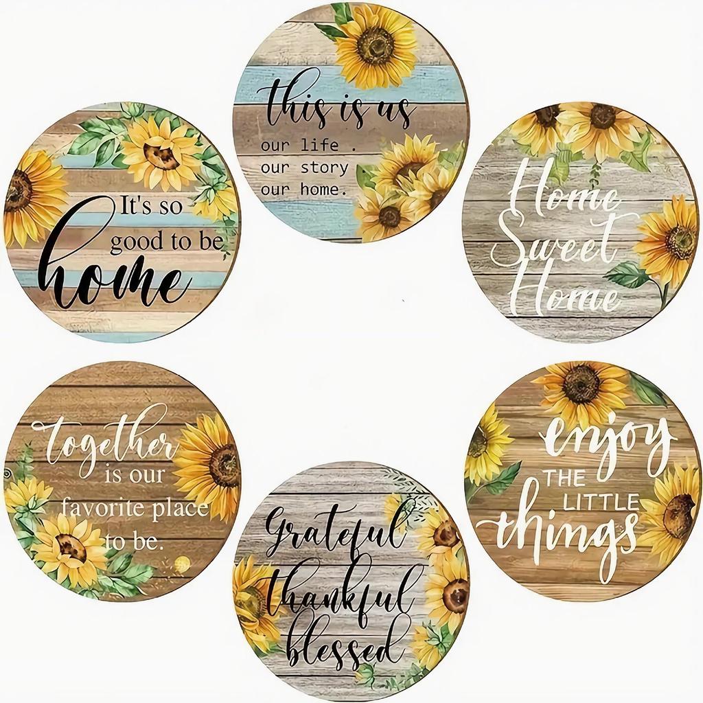Holz 6-teiliges Sonnenblumen-Mandala-Untersetzer-Set mit Aufbewahrungsständer - Hitzebeständig