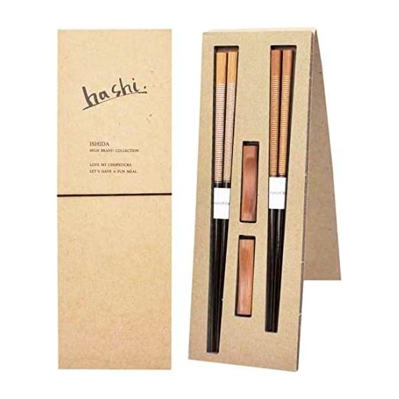Ishida Couple Chopsticks with Chopstick Rest, Thread Ethical Box, Made in Japan, 23cm/21cm, Natural Wood/Polyester Coating