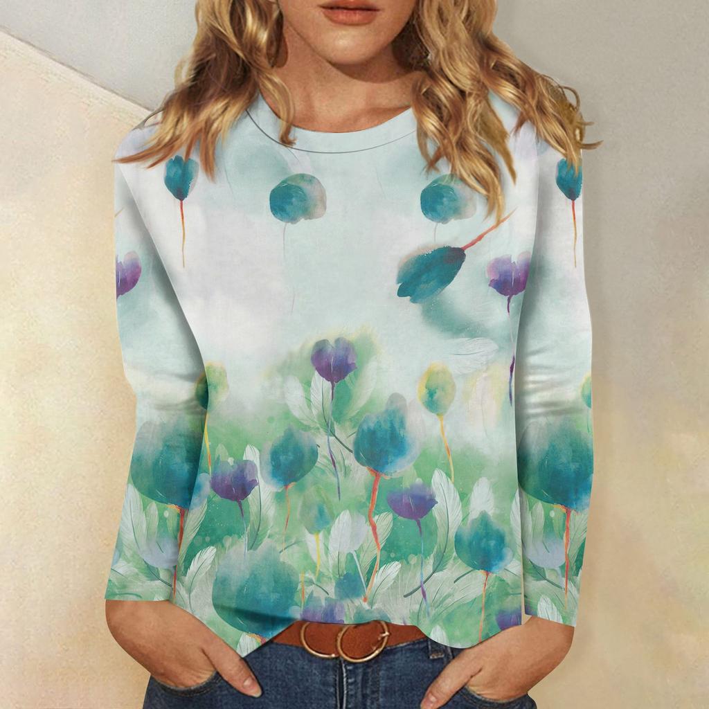 Women's Basic Long-sleeved T-shirt, Round Neck, Leaf Print, Plain Top, Everyday Pullover, Party Gift, Versatile T-shirt