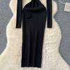 Spring Autumn Women Elegant 3D Flower Knitted Sweater Sheath Dresses Full Sleeve Midi Party Slim Pullover Dress