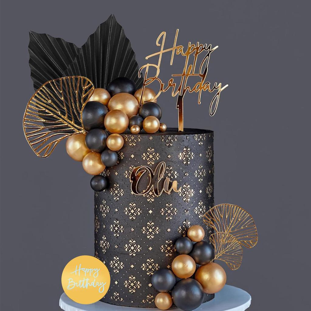 Cake Toppers Happy Birthday Cake Topper Black Gold Balls Cake Decorations for Birthday Wedding Baby Shower Party Decoration