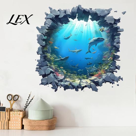 Removable PVC Wall Decor Underwater Shark Sticker, Realistic 3D Ocean View Decal, Waterproof Peel And Stick Window Clings Mural for Living Room