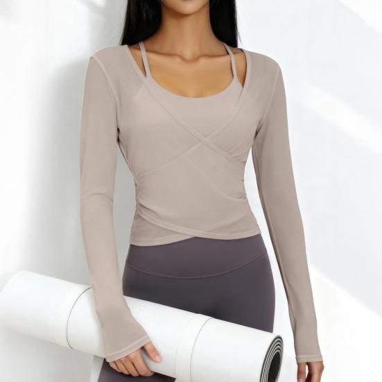 Long Sleeve Yoga Two-Piece Set for Women Mesh Gym Athletic Tops Workout Shirts with Support Sports Bra