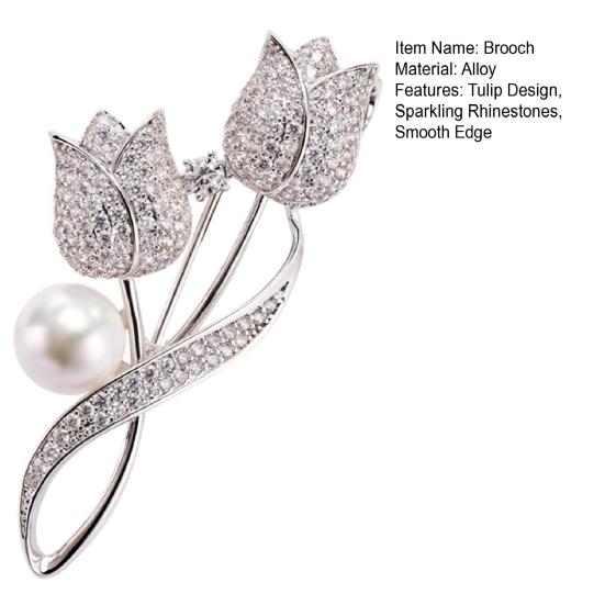 Women Brooch High-Gloss Rhinestone Inlay Imitation Pearl Decor Sparkling Tulip Design Lapel