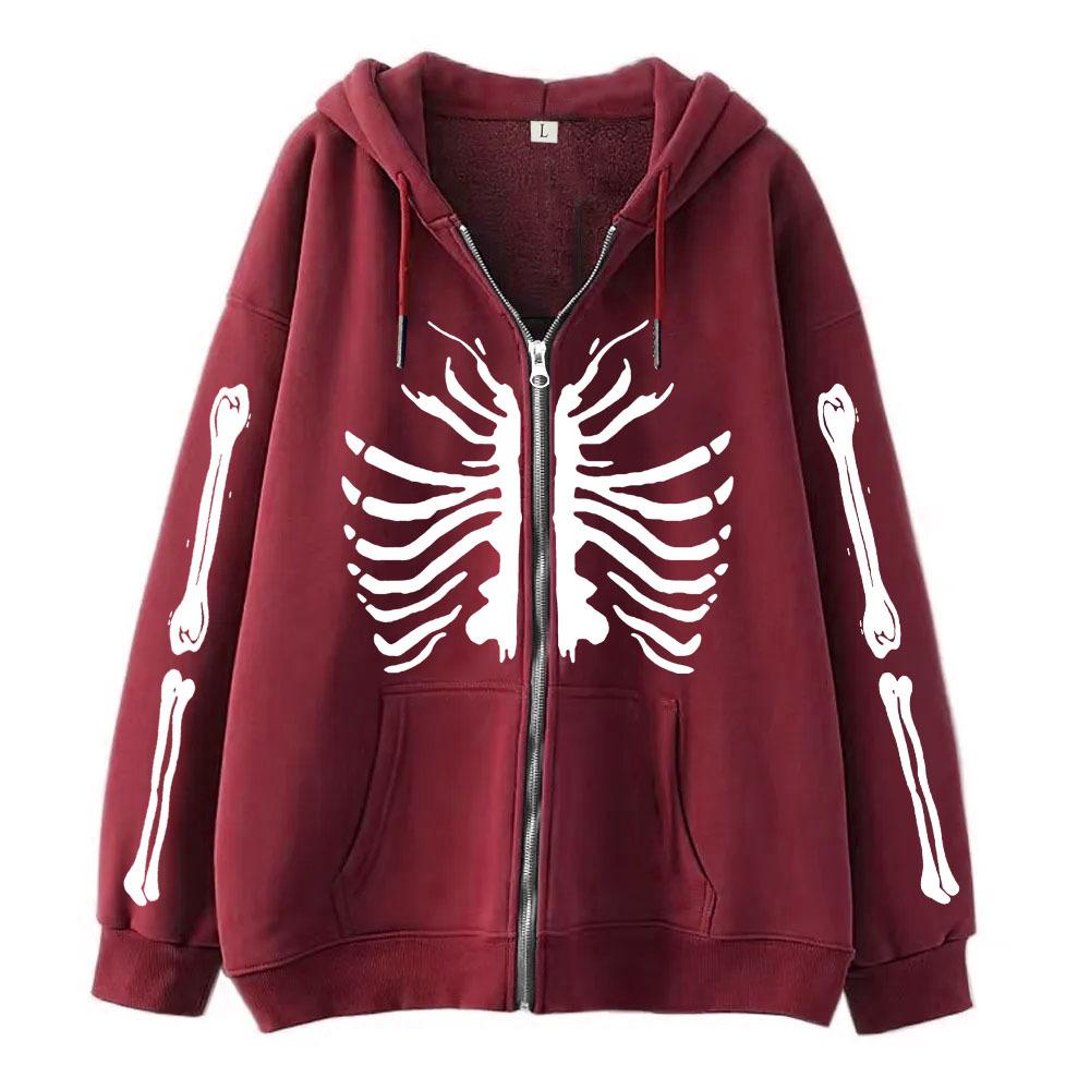 2022 Cross-border Gothic Zipper Sweater Skull Skeleton Printed Cardigan Jacket European and American Street Tide Large Size Hoodie