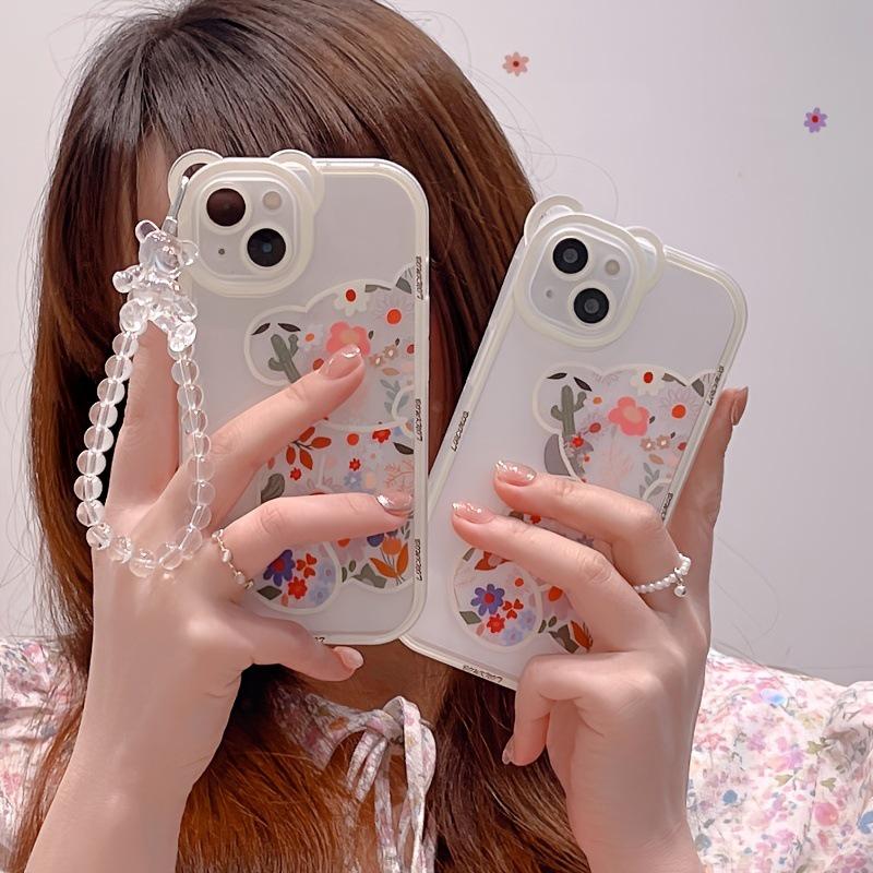 2025 New Transparent Phone Case with Bear Ears & Floral Design