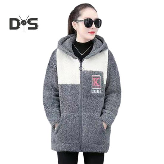 

Женское осенне-зимнее пальто из толстого флиса с цветными блоками, длинными рукавами, карманами с капюшоном, средней длины, кардиган на молнии, теплая свободная женская куртка 3XL серый