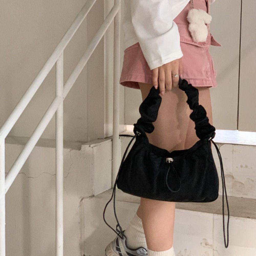 Drawstring Pleated Shoulder Bag Solid Color Nylon Underarm Bag Fashion Cloud Crossbody Bag  School