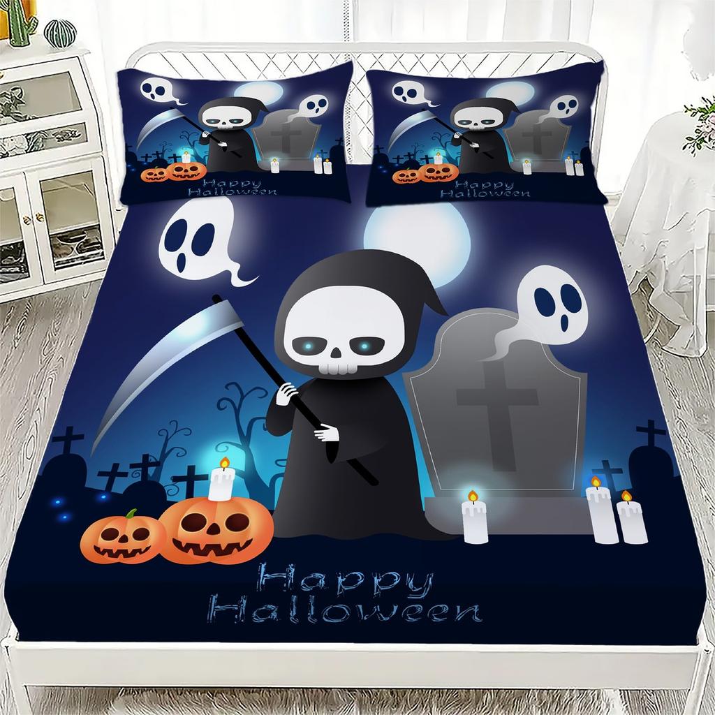 3pcs Halloween Bedding Set Cartoon Skeleton Pattern Fitted Sheet Bedroom Decor for Kids Halloween Decoration Bedding Set