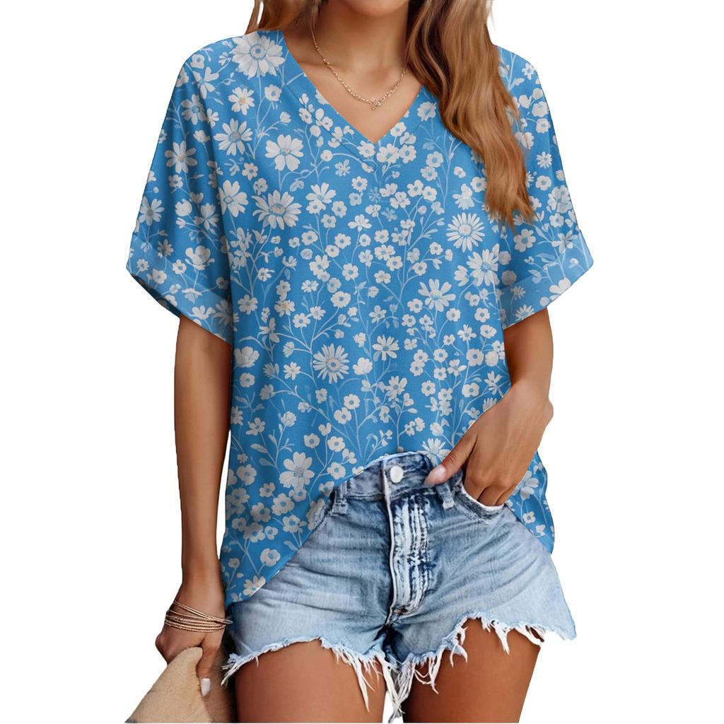 Women's Fashionable Casual Everyday Versatile Floral Print Slim-Fit Summer Short-Sleeve Top
