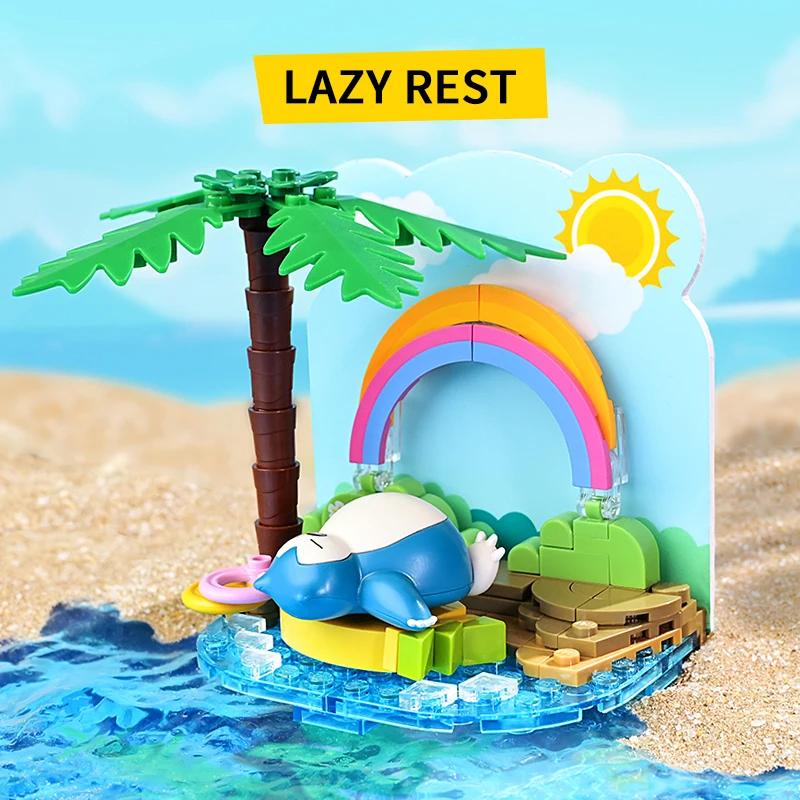 Pokemon Building Blocks Pikachu Psyduck Seaside Party Theme Scene Model Bricks Desktop Ornaments Collection Display Kids Toys