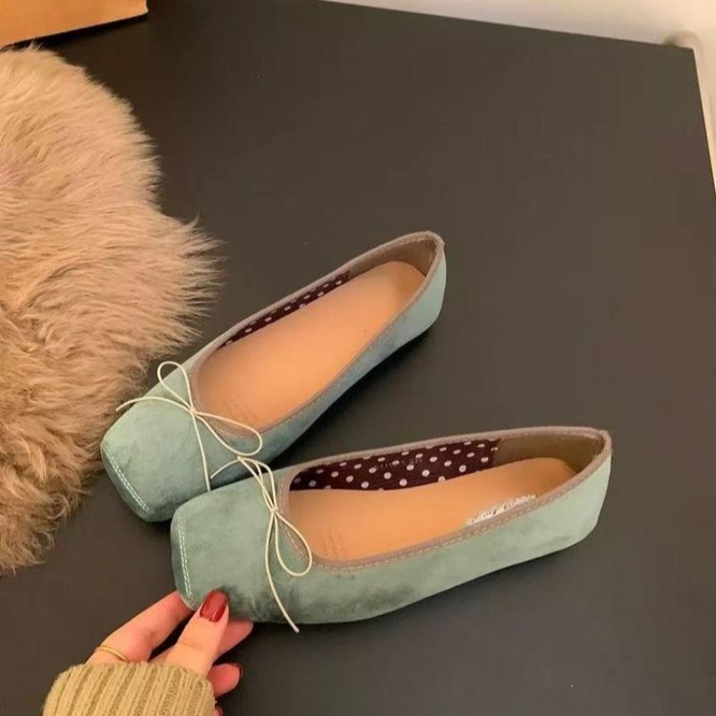 Vintage Ballerinas mit Schleife Französische Karree-Spitze Flacher Ausschnitt Rutschfest Verschleißfest Weiche Sohle Einzel