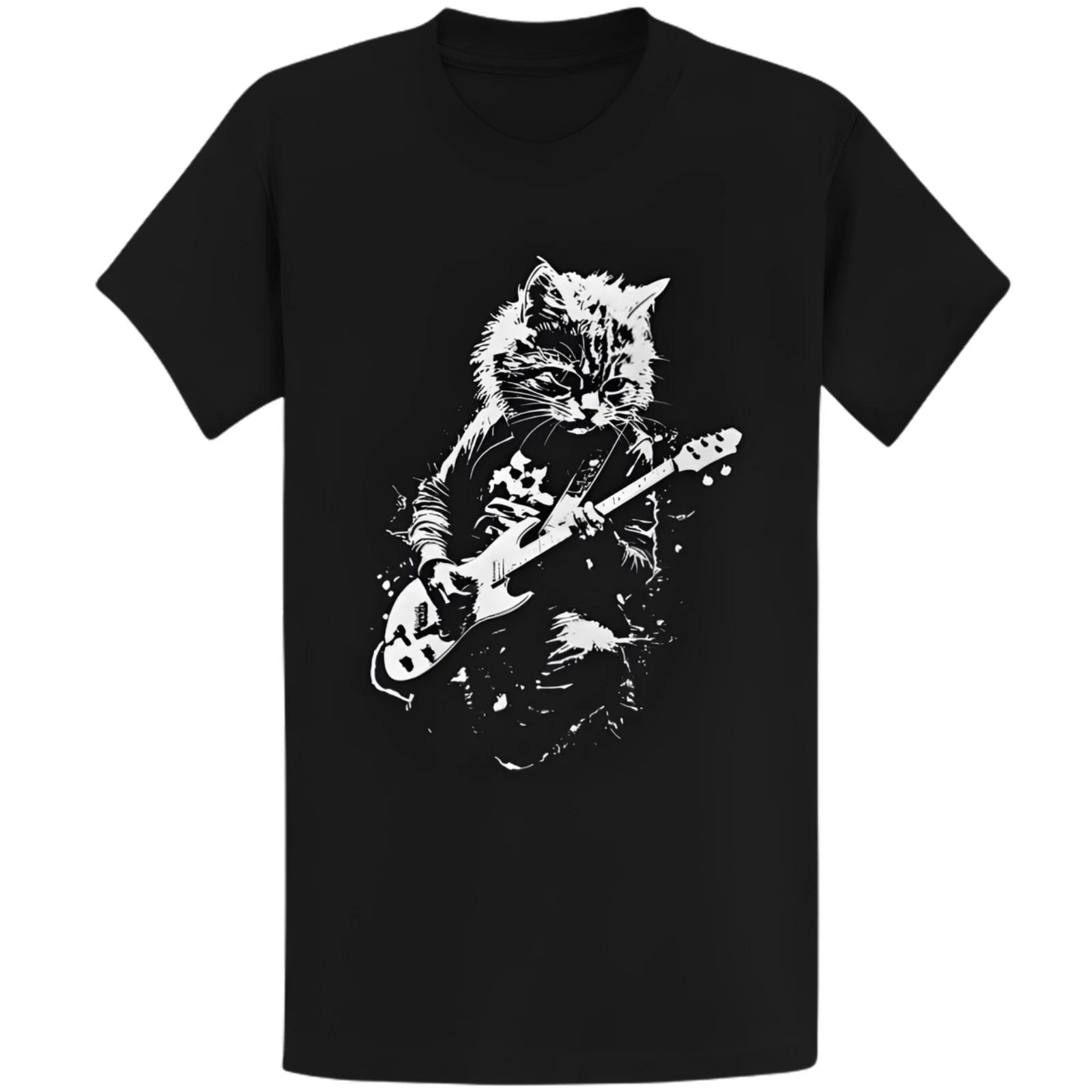 Gildan 5000 Rock Cat Guitar T-Shirt - Funny Cat Lover Music Gift Tee M