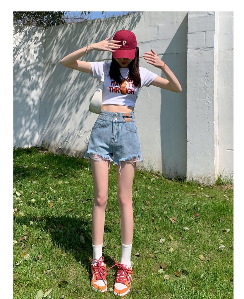 2023 Women's Korean-Style High-Waist Denim Shorts: A-line, Slimming, Wide-Leg, Frayed Hem