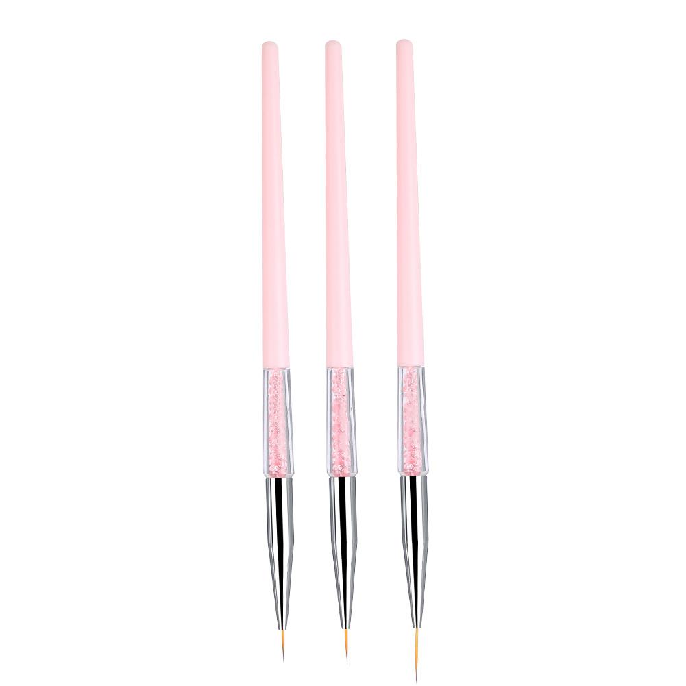 3pcs Nail Art Dotting Liner Brush UV Gel Painting Pen Drawing Tool Set Rhinestone Handle (Pink)