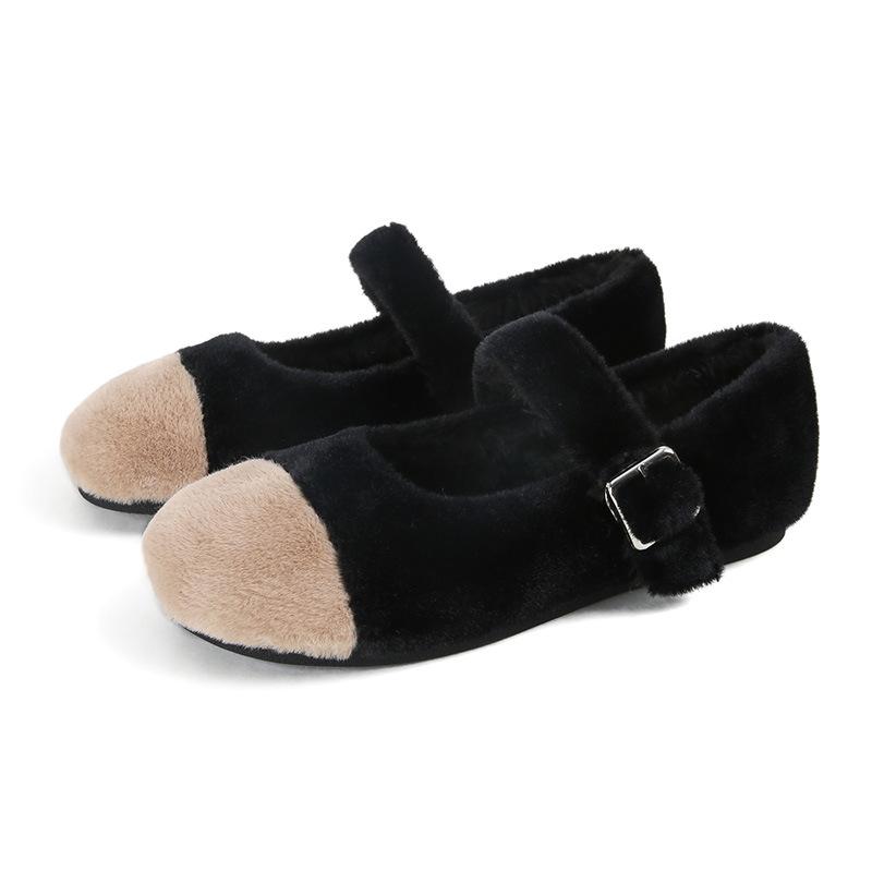 Fashion Furry Mink Hair Mary Janes Woman Winter Fur Lined Flats Female Belt Buckle Loafers Mixed Color Moccasines Shearling Ballet Shoes