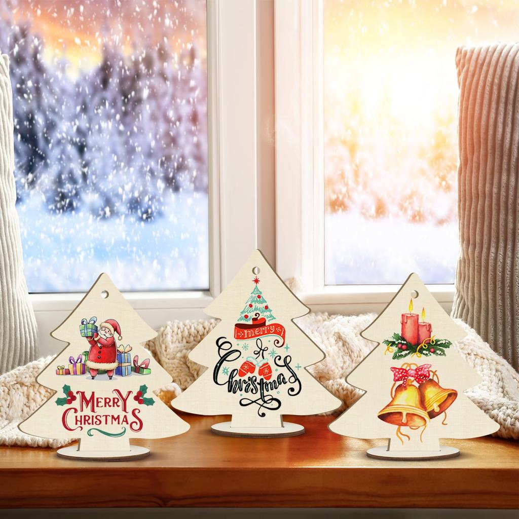 10Pcs Unfinished Wooden Christmas Ornaments Wood DIY Blank Christmas Tree Table Sign Hanging Ornament with String Base