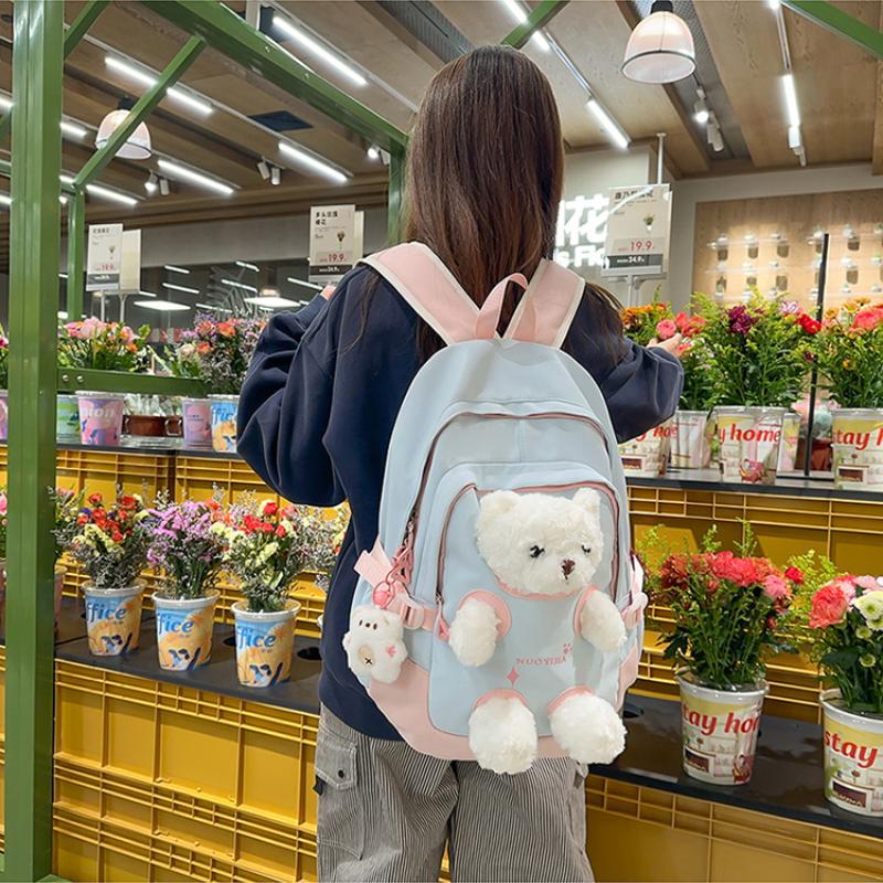 Trendy Teenager Girl Cute Bear Schoolbag High Value Junior High School Student Pupil Backpack Waterproof Nylon Book Bag Children Holiday Surprise Gift