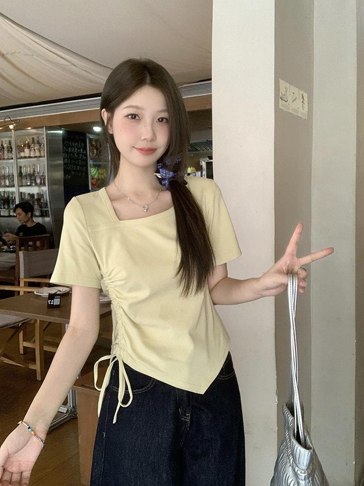 

Plus Size Irregular Drawstring Waist Cropped Short Sleeve Women s Slimming T-shirt 2XL жовтий