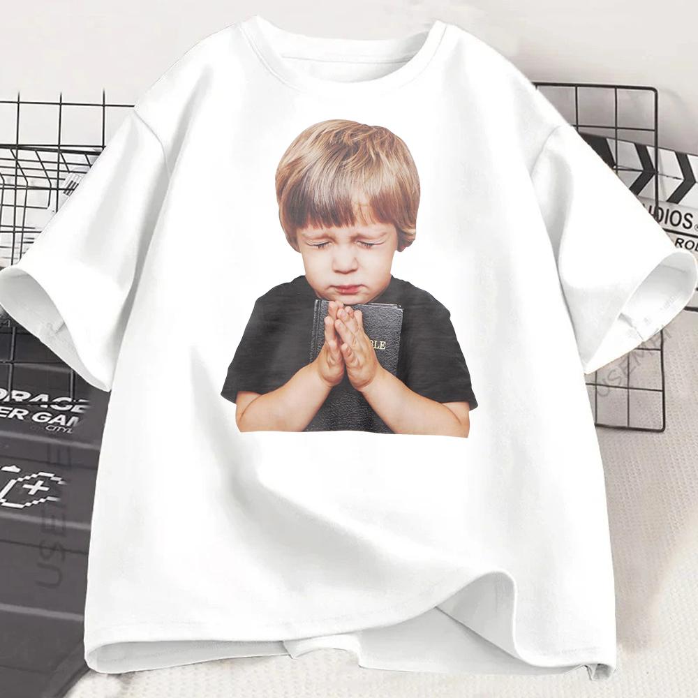 White Vintage Kid Photo T Shirt Praying Child Print Tee Short Sleeve for Retro Aesthetic Fans Ladies Special S