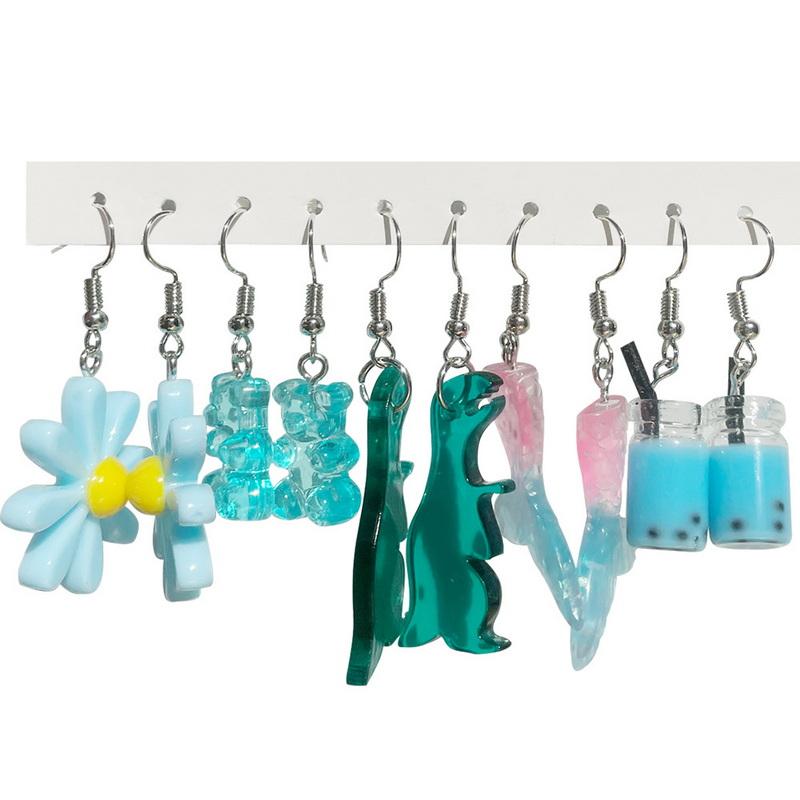 5pcs Fruit Candy Hoop Earrings Set for Women Cute Cartoon Pendant Piercing Ear Stud Drop Dangle Earring 2024 Jewelry Accessories