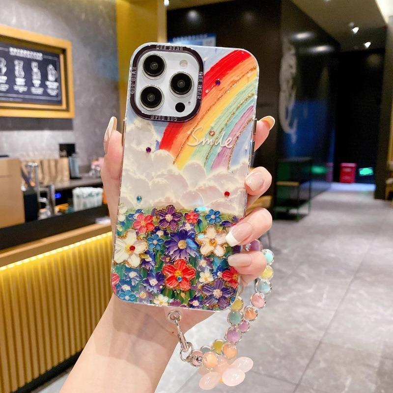 Rhinestone Rainbow Flower Phone Case With Bracelet For Samsung S25 Ultra Iphone 16 Pro Max