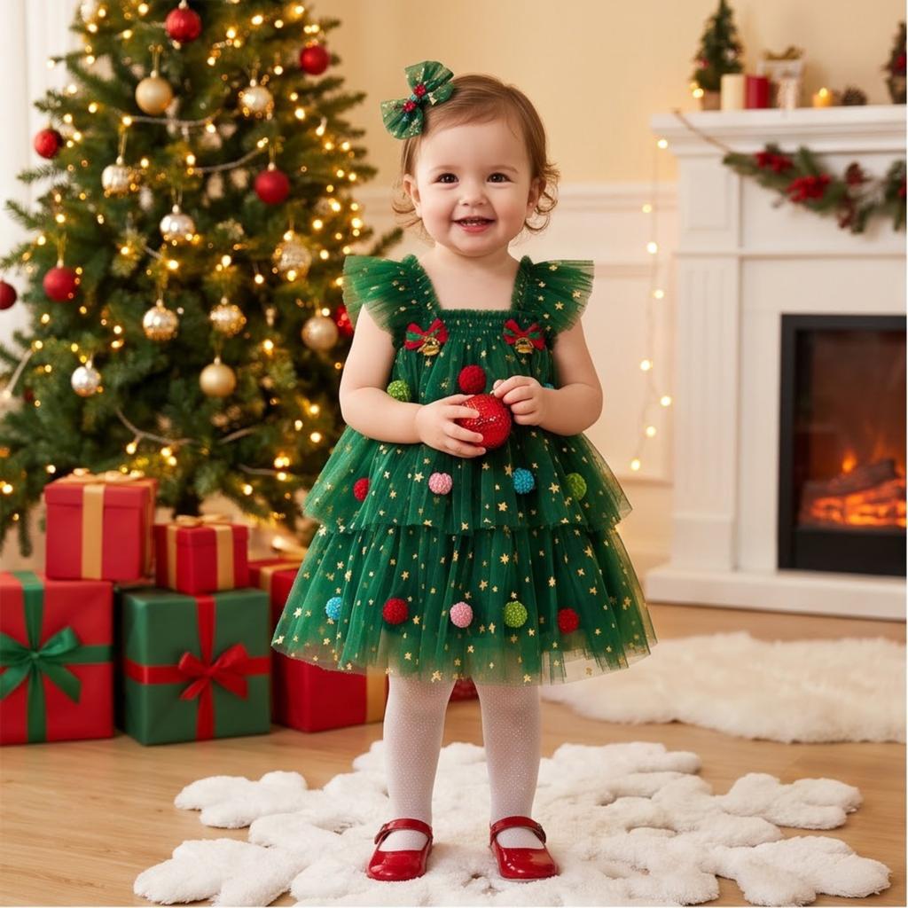 Children's Holiday Christmas Tree Tulle Dress with Spaghetti Straps Tiered Dress for Girls Party