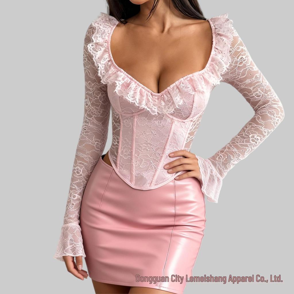 Schmal geschnittenes floral spitzenbesetztes Bügel-Top - Sexy Langarmhemd