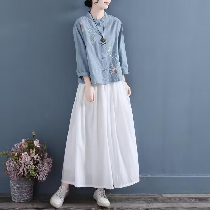 Chinese Style Embroidered Long Sleeve Shirt Women Cotton Linen Stand Collar Tea Clothing Vintage Casual Shirts Women Hanfu Tops