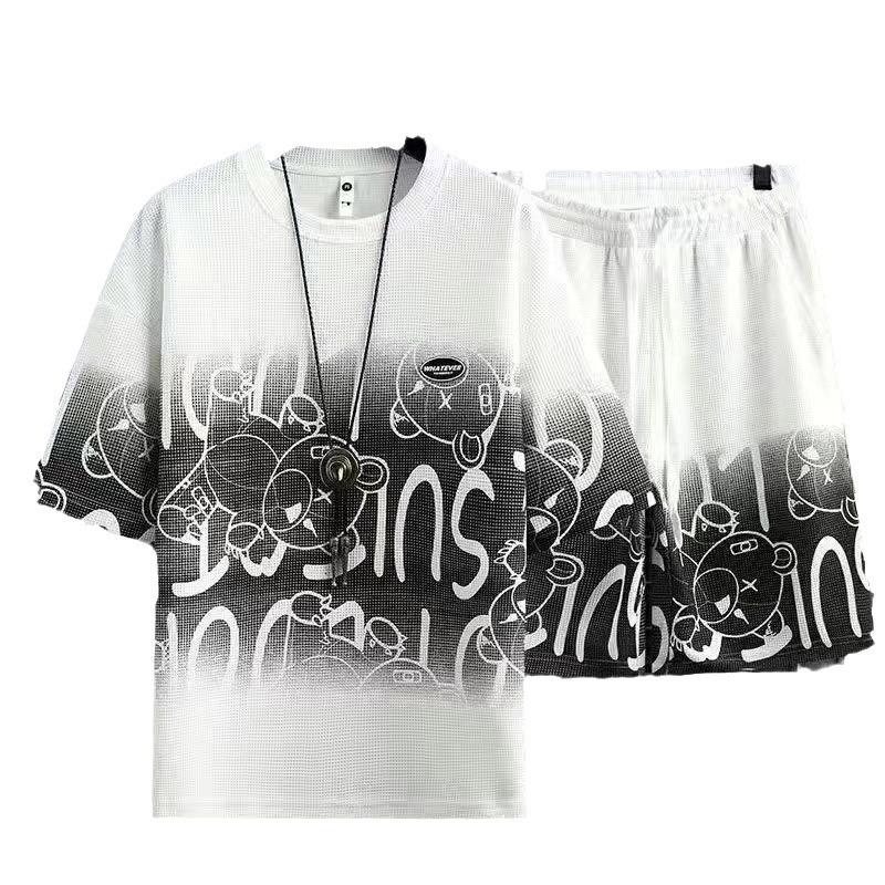 Men's Summer Waffle Ice Silk Two-Piece Casual Suit - Short-Sleeve T-Shirt & Shorts