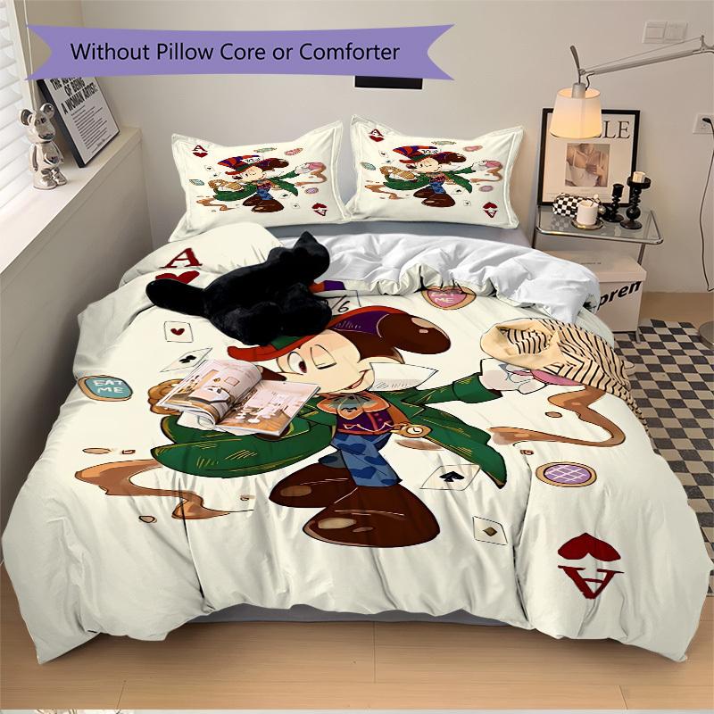 3pcs Mickey Printed Bedding Set, Breathable And Soft, Machine Washable, Christmas Gift, Suitable for Bedroom Decoration, 093