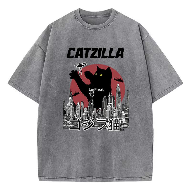 

T Shirt Vintage Washed Cotton TShirt Japanese Style Cat Lovers Catzilla Graphic Tee Casual Streetwear Spring Summer Fall S