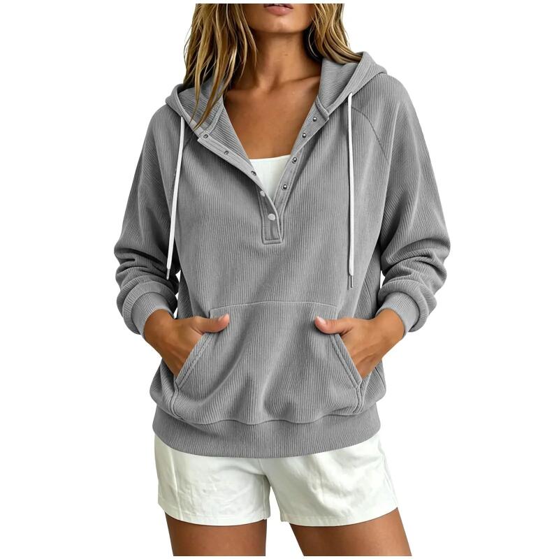 Damen Halbknopf Kapuzenpullover Kordelzug Langarm Kängurutasche Locker Lässig Pullover Einfarbige Tägliche Streetwear Sweatshirt