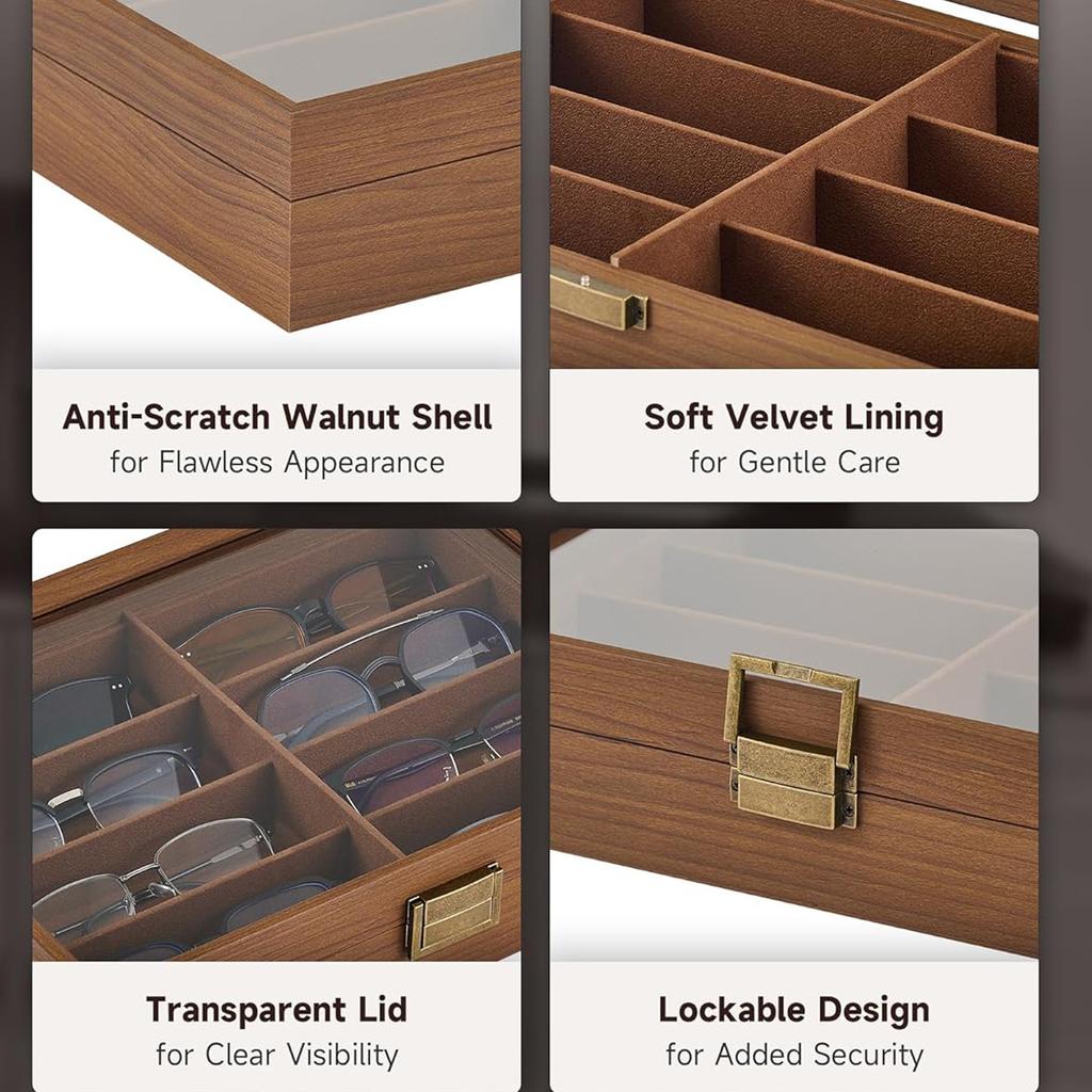 1pc 8 Grids Sunglasses Wooden Transparent Retro Storage Box with Latch, Velvet Display Cabinet,suitable for Women&men,lockable Multi Pair Glasses.