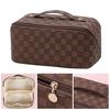 Travel Cosmetic Bag Waterproof Large Capacity Checkered Makeup Bag Open Flat Toiletry Bag for Women Skincare Brushes