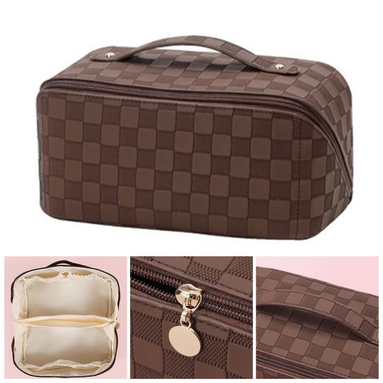 Travel Cosmetic Bag Waterproof Large Capacity Checkered Makeup Bag Open Flat Toiletry Bag for Women Skincare Brushes