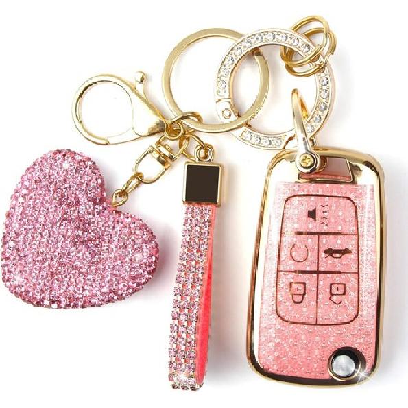 Cover with Diamond Keychain for Women, Car Key Holder Compatible-Pink-heart