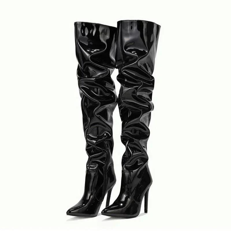 Женские Эластичные ПУ Сапоги на Высоком Тонком Каблуке Женские Складчатые на Молнии Сбоку Выше Колена Длинные Сапоги для Офиса Ночного Клуба Вечеринки Банкета Botas 35 чёрный 4750₽