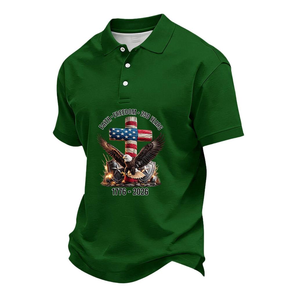 Men's Loose Fit Casual Short Sleeve Polo Shirt with Patriotic Graphic Print 250 Years Commemoration 1776-2026 Cotton Blend Comfortable Design