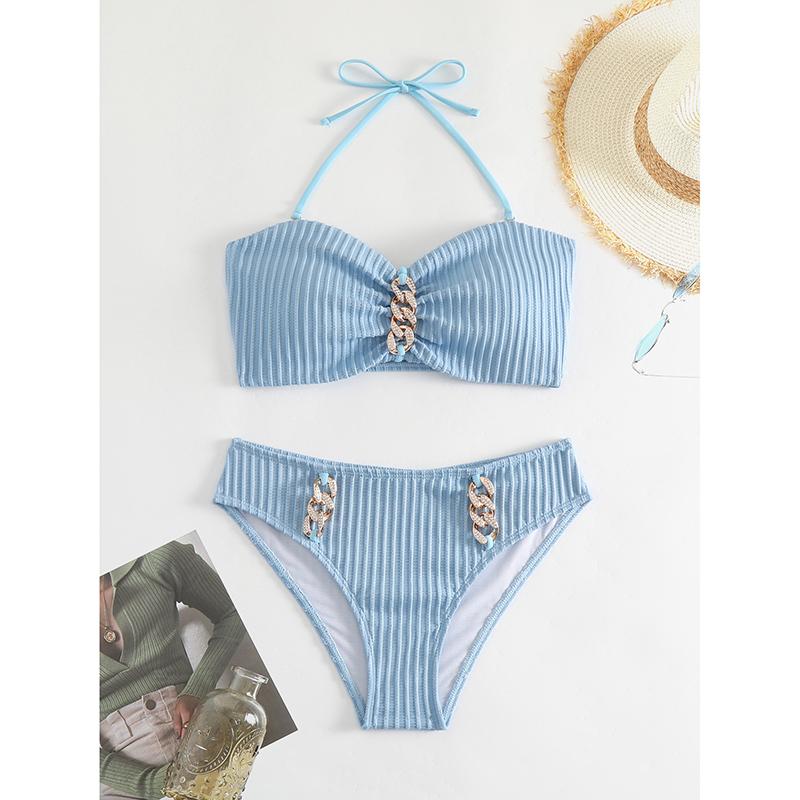 Women Solid Color Swimsuit Sexy Tight Fitting Suspender with Backless Stripes Bikini Fashion Pure Cotton Split Style Swimsuit