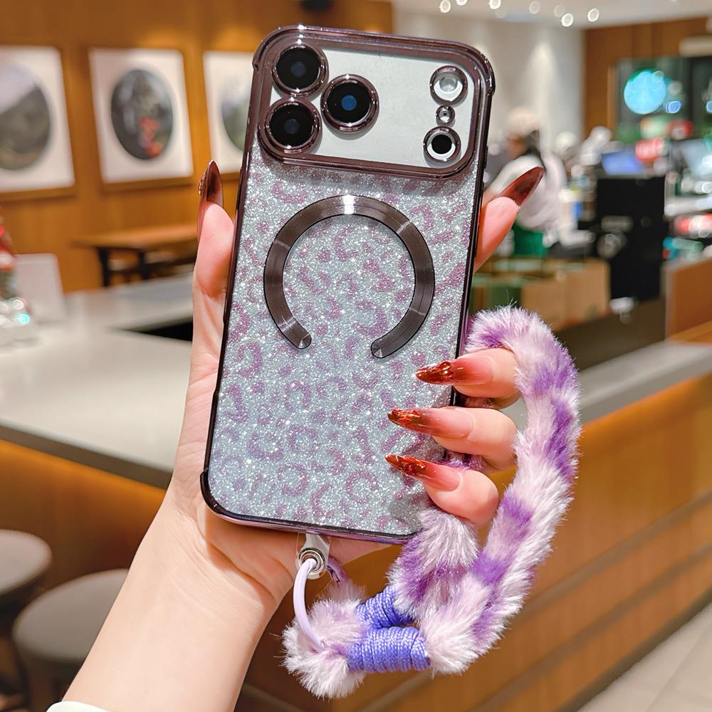 KEYSION Glitter Leopard Print Magnetic Phone Case for iPhone 13 14 15 16 17 Pro Max 17 Air 16 Plus With Plush Lanyard Shockproof Cover