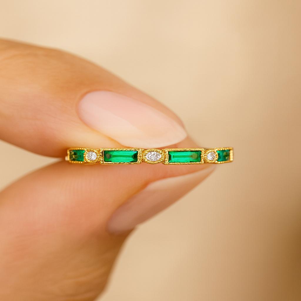 Emerald Half Eternity Band In Yellow Gold Plated – May Birthstone Ring, Emerald Wedding Band, Stacking Ring, Dainty Emerald Engagement Ring for Women