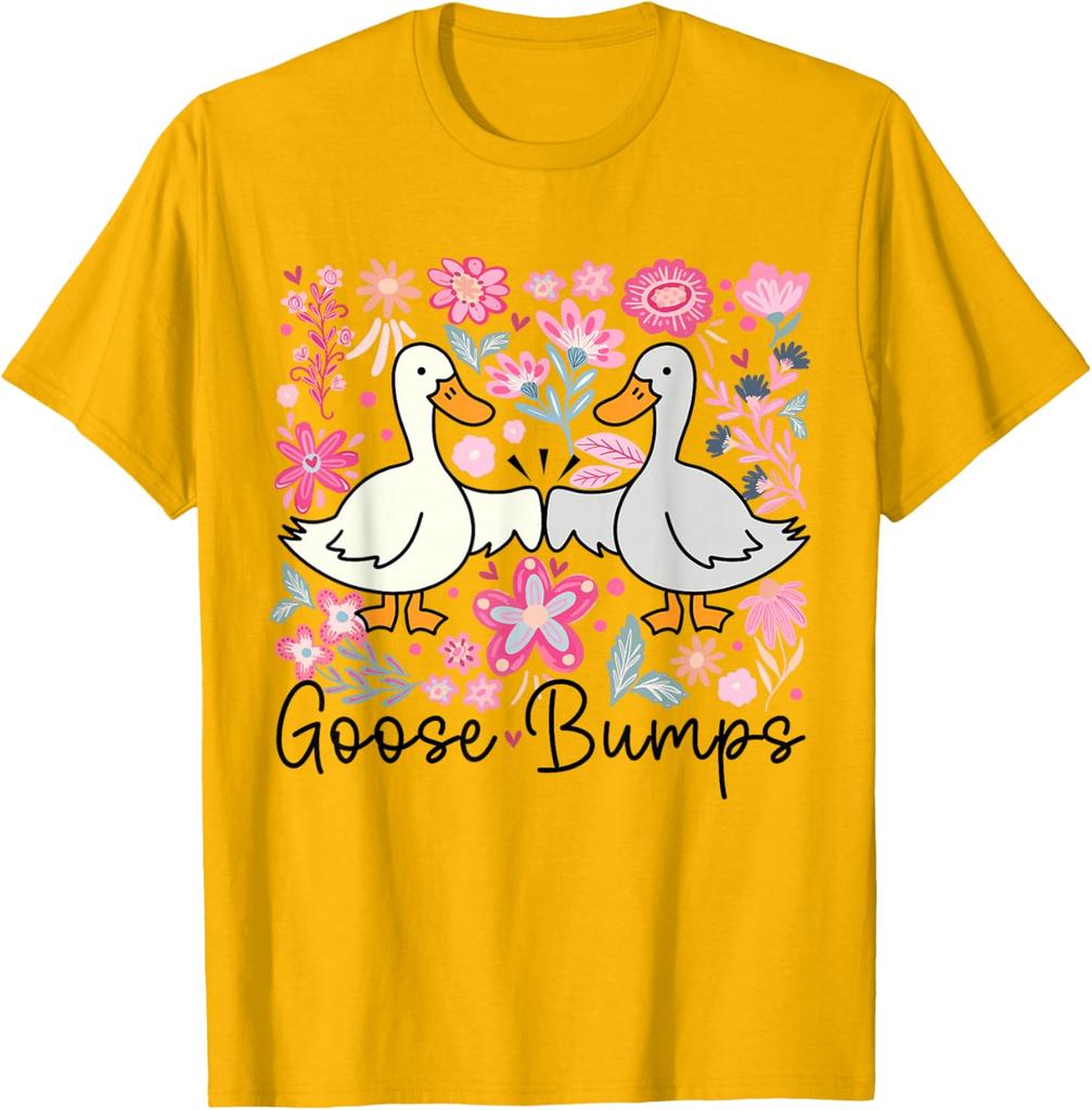 Goose Bumps Duck Floral Pun Graphic Tee Cute Casual Short Sleeve T-Shirt for Women