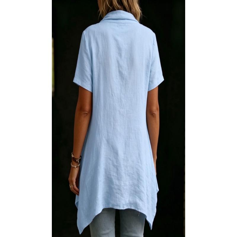 Women Casual Loose Cowl Neck Short Sleeve Asymmetric Hem Solid Blouse