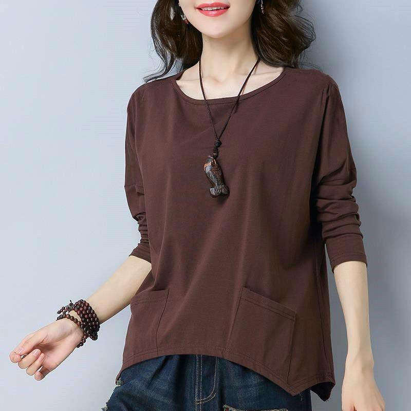 Women's Long-sleeved T-shirt Autumn and Winter Korean Loose Fat Mm Casual T-shirt Solid Color Top Base Shirt