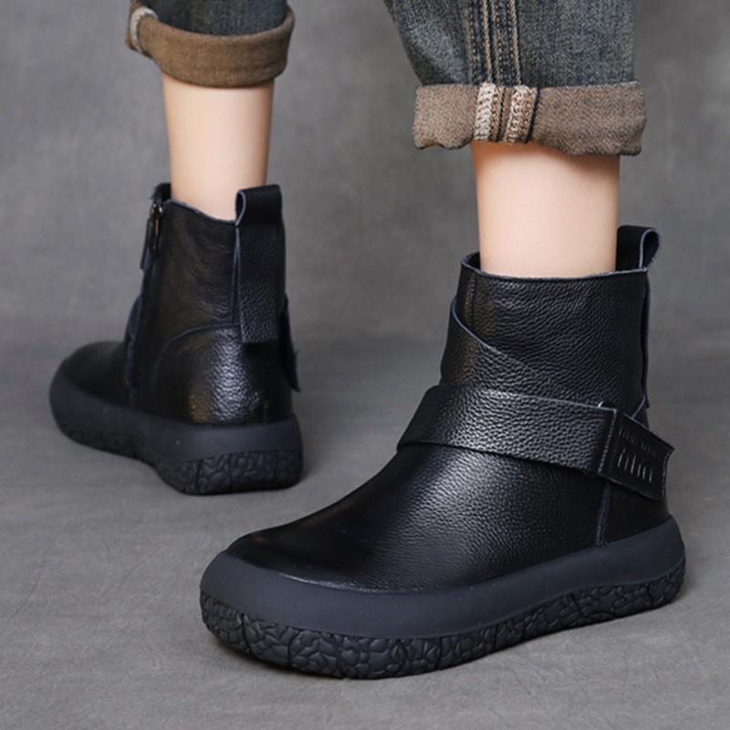 Johnature Plyšové teplé krátké boty s plochým dnem Všestranné dámské boty s měkkou podrážkou z pravé kůže