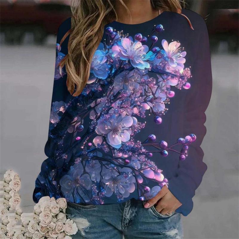 Spring and Autumn Round Neck Rose Flower 3D Printed Top Fashionable Casual Long Sleeved Women's T-shirts