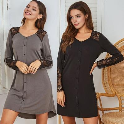 Kadınlar için Uzun Kollu Gecelikler V Yaka Dantel Patchwork Gecelikler Sahte Patlet Düğmeli Mini Gecelik